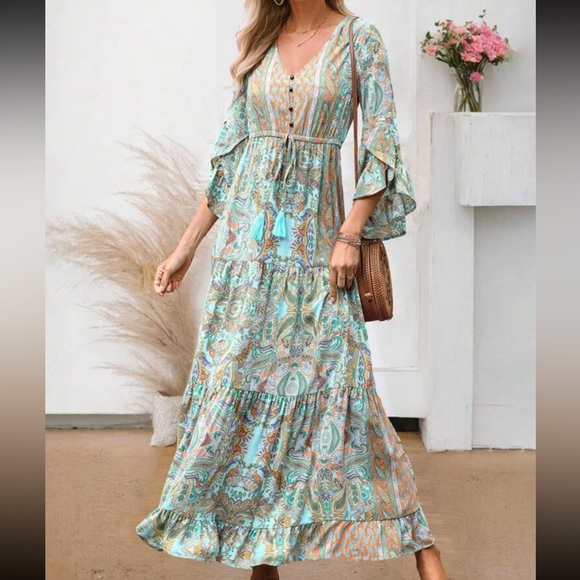 Boho Floral Print Paisley Flare Sleeve Ruffle Hem Maxi Dress - Picture 3 of 11